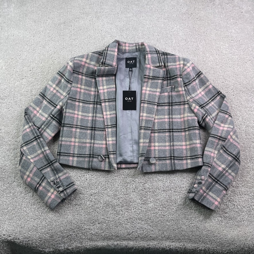 NEW OAT New York Blazer Womens Medium Grey Pink Plaid Cropped Wool Blend NWT
